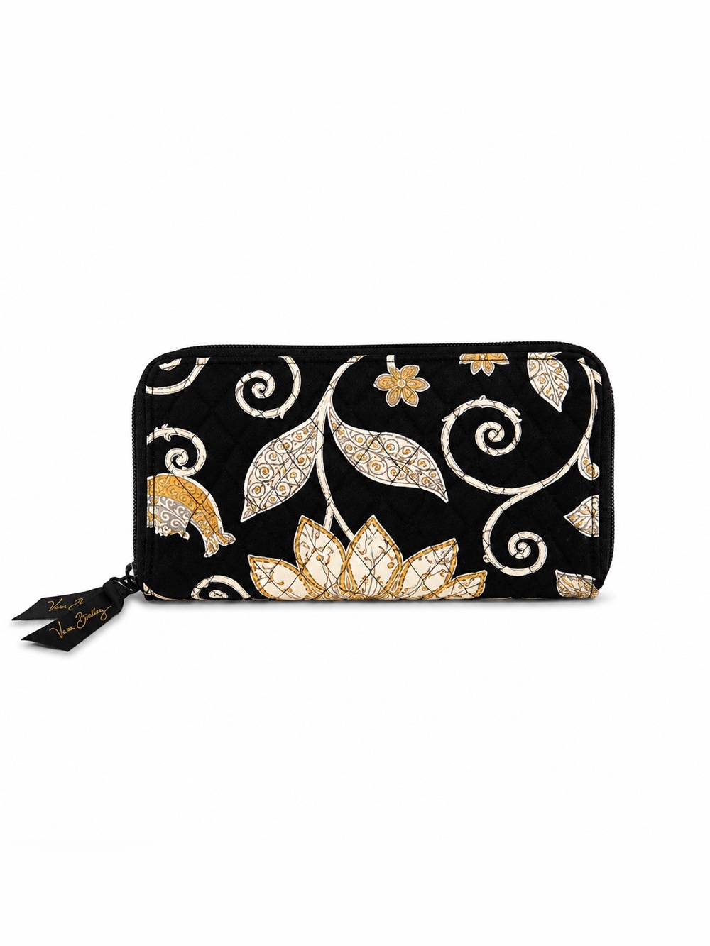 Vera Bradley Retired Black Floral Quilted Zip Around Travel Organizer Wallet